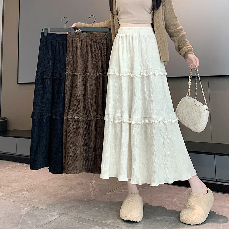 MiiiiX Sweet Style Pleated Long Skirt Women 2024 New Autumn Loose Elastic High Waist Ruffles A-line Cake Skirt Female Clothes