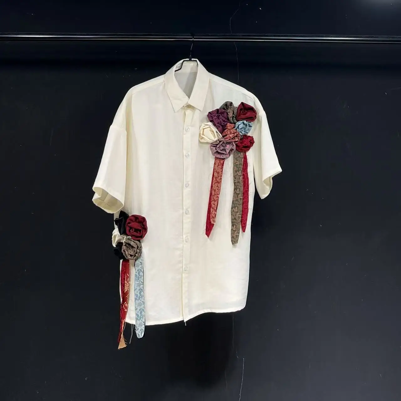 

Niche 3D Rose Shirt Men's New Chinese Style Costume Trendy Cool Boys Street Y2K Fahsion Outfits Short Sleeved Tops Shirt Hiphop