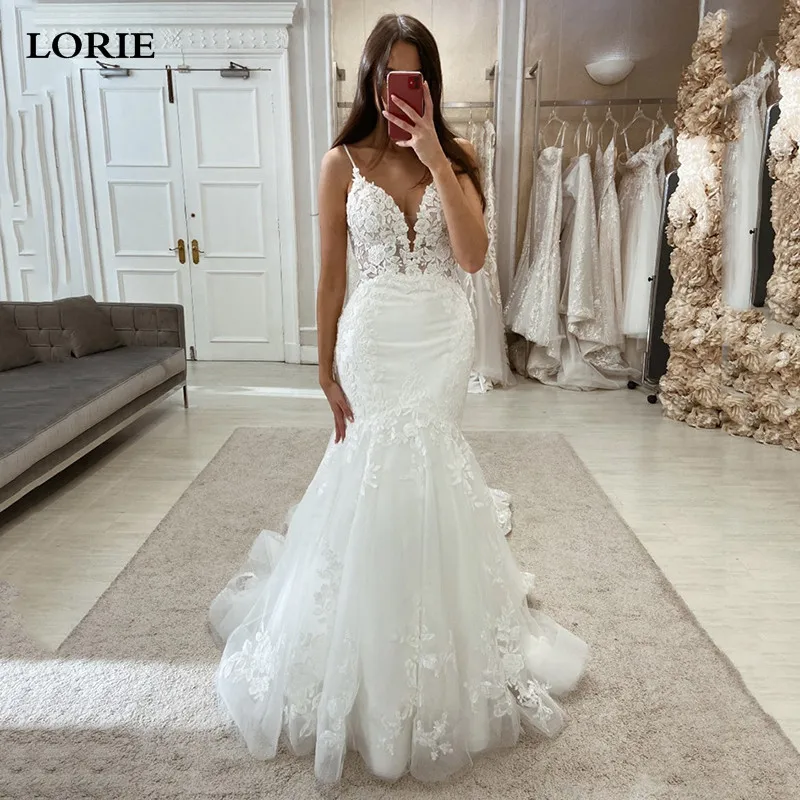 LORIE Lace Mermaid Wedding Dresses Sexy Spaghetti Straps Bridal Dress Appliqued Lace Wedding Gowns 2023