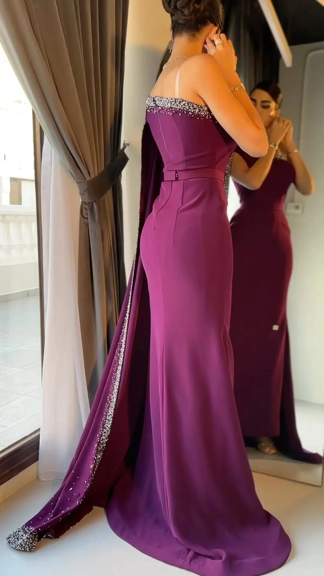 Vestido de noche de sirena con lentejuelas para mujer, traje elegante de un hombro con chal para fiesta de boda y graduación