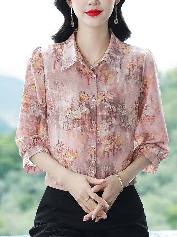 

Floral Print f Sve irt Women's Summer Open Cardigan Chiffon Top Turn down Collar mid Age Mom Sle Faionable Top