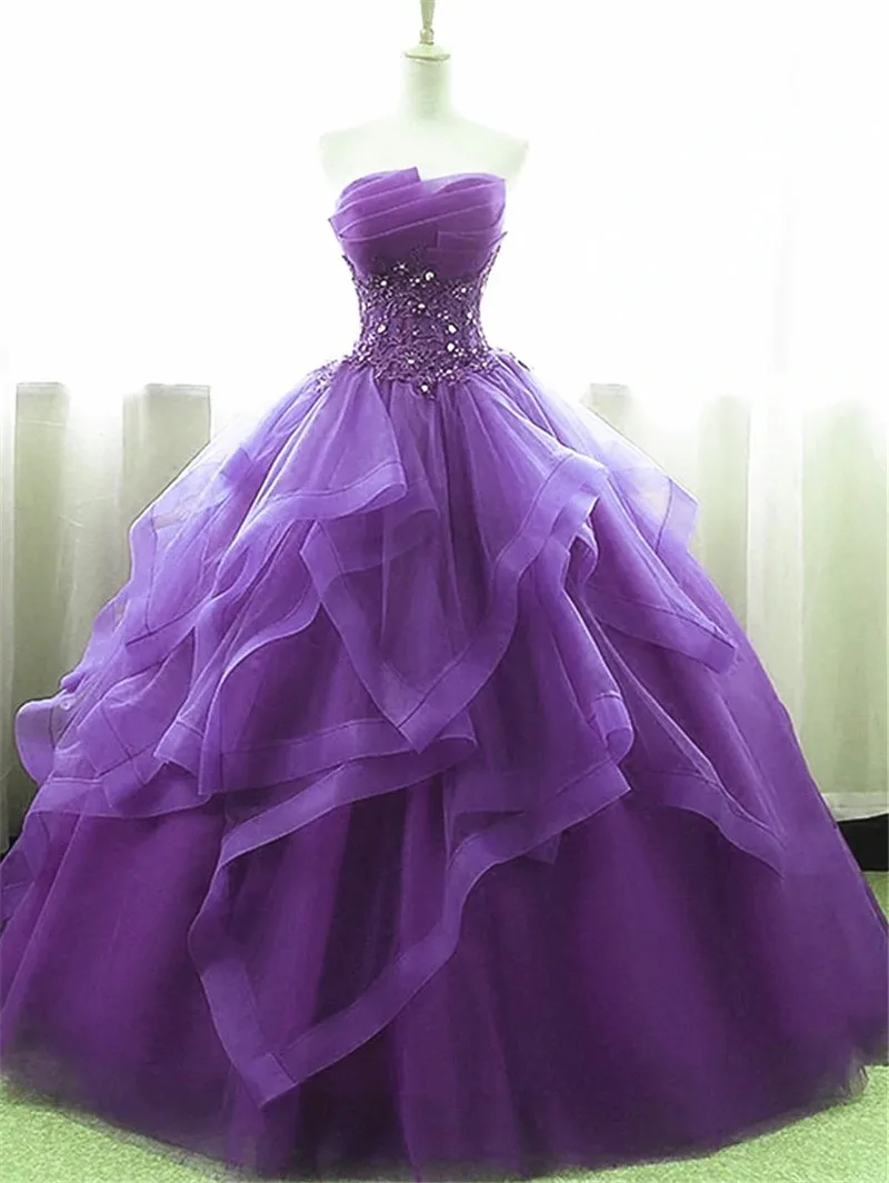 Real Photo Full Length Purple Ball Gown Organza and Tulle Sweet 16 Prom Dress with Lace Appique  Formal Occasion Customized