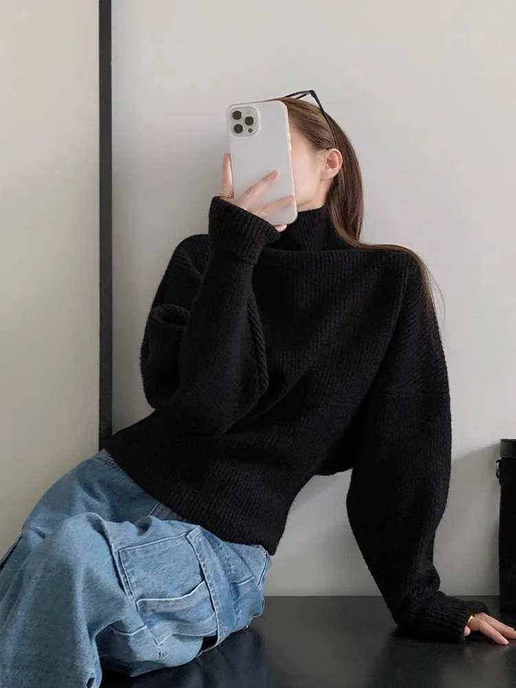 

Вязаный свитер женский во французском стиле с высоким воротом, однотонный, свободный крой, с рукавами «летучая мышь», на талии, повседневный осенний универсальный пуловер, топ