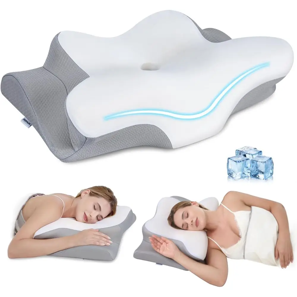 

Ergonomic Memory Foam Pillow for Cervical and Shoulder Pain Relief, Dual Height with Breathable Ice Silk Cover, White