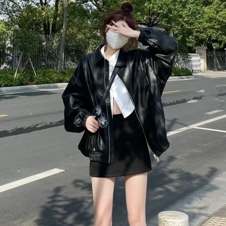 Women's Loose Black PU Leather Jacket 2025 Versatile Biker Style American Retro Coat Outerwear