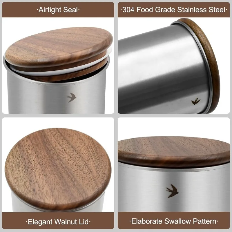 Food Storage Jar Canister with Walnut Wood Lid Elegant Design Stainless Steel Tea Coffee Sugar Spice Nuts Seasonings Storage