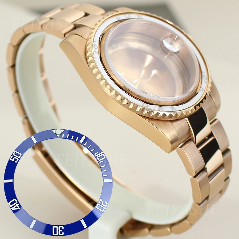 Rose caso relógio de ouro para mulheres, peças pulseira, pulseira, movimento, Seiko, NH35, NH34, NH36, NH38, Miyota 8215, ETA 2824, 28,5 milímetros Dial, 40 milímetros