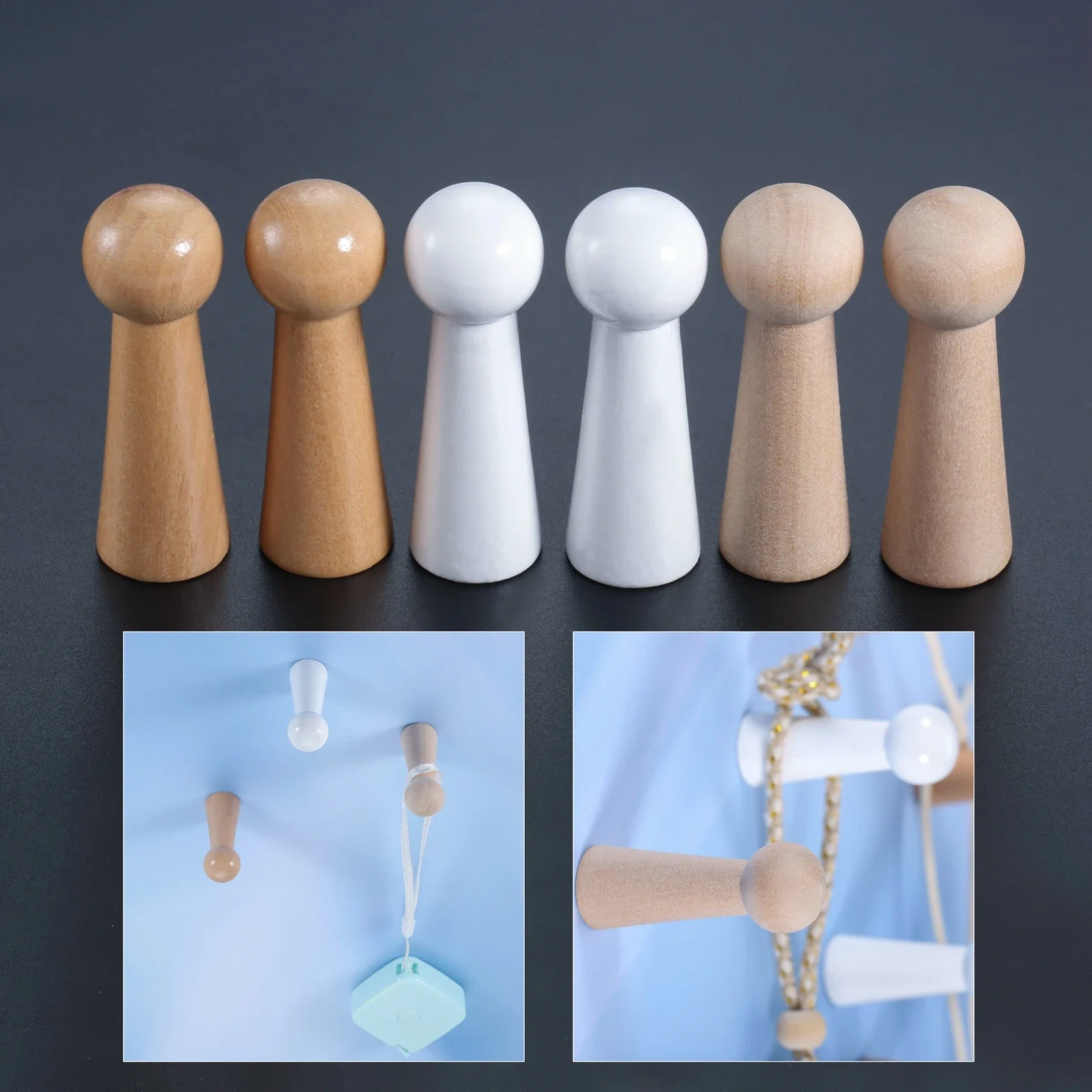 2pcs Wooden Peg Hangers 50mm Simple Doll Shaped Decorative Hanging Coat Handbag Towel Wall Mounted Hooks Rack M3 Hole and Screws