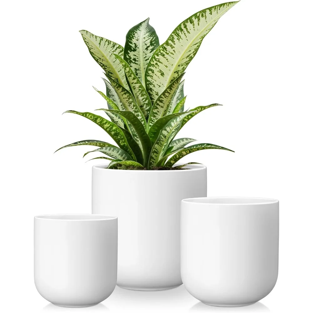 Ceramic Plant Pots, 4+5+6 inches, Set of 3, Drainage Hole, Indoor Plants, Modern Decorative Garden Pots, Home Decor, White
