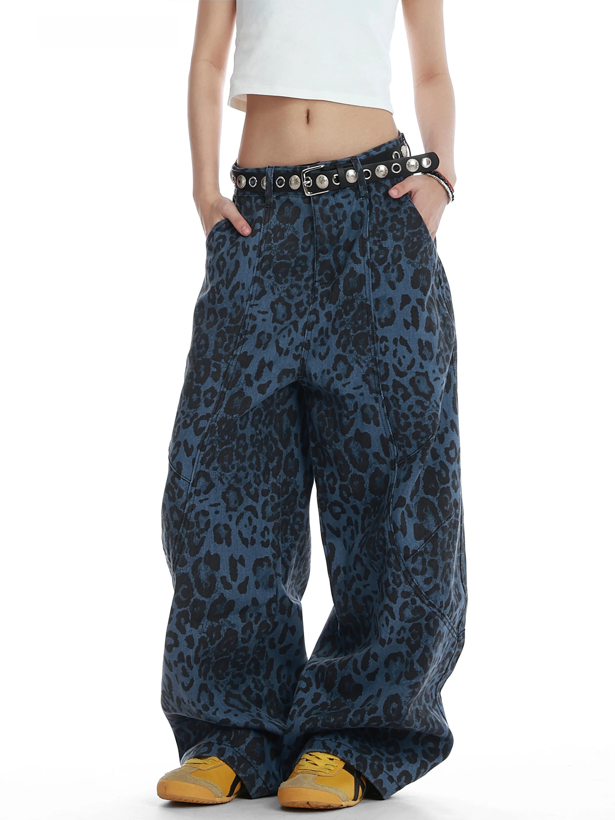 

Американские уличные джинсы с леопардовым принтом и широкими штанинами для женщин, осенне-зимние, повседневные, универсальные, модные брюки с эффектом разрезов