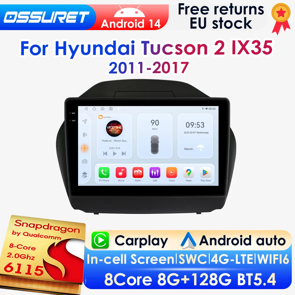OSSURET Android14 Autoradio Für Hyundai Tucson 2 IX35 2011-2017 Auto Multimedia GPS Carplay 4G DSP BT 360 Kamera Durch Snapdragon 6115