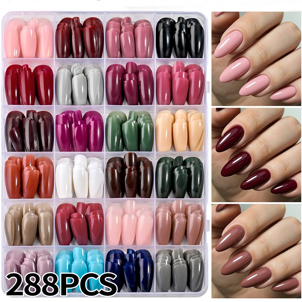 288pcs/box Solid Color Almond False Nails Medium Colorful Simple Press On Nails Mixed Full Cover Almond Fake Nail Tips for Women