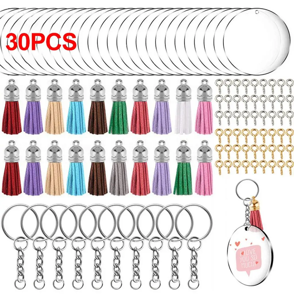 Acrylic Keychain Bulk with Leather Fringe Tassels for DIY Accessories Clear Circle Discs for Zipper Pulls Bag Tags
