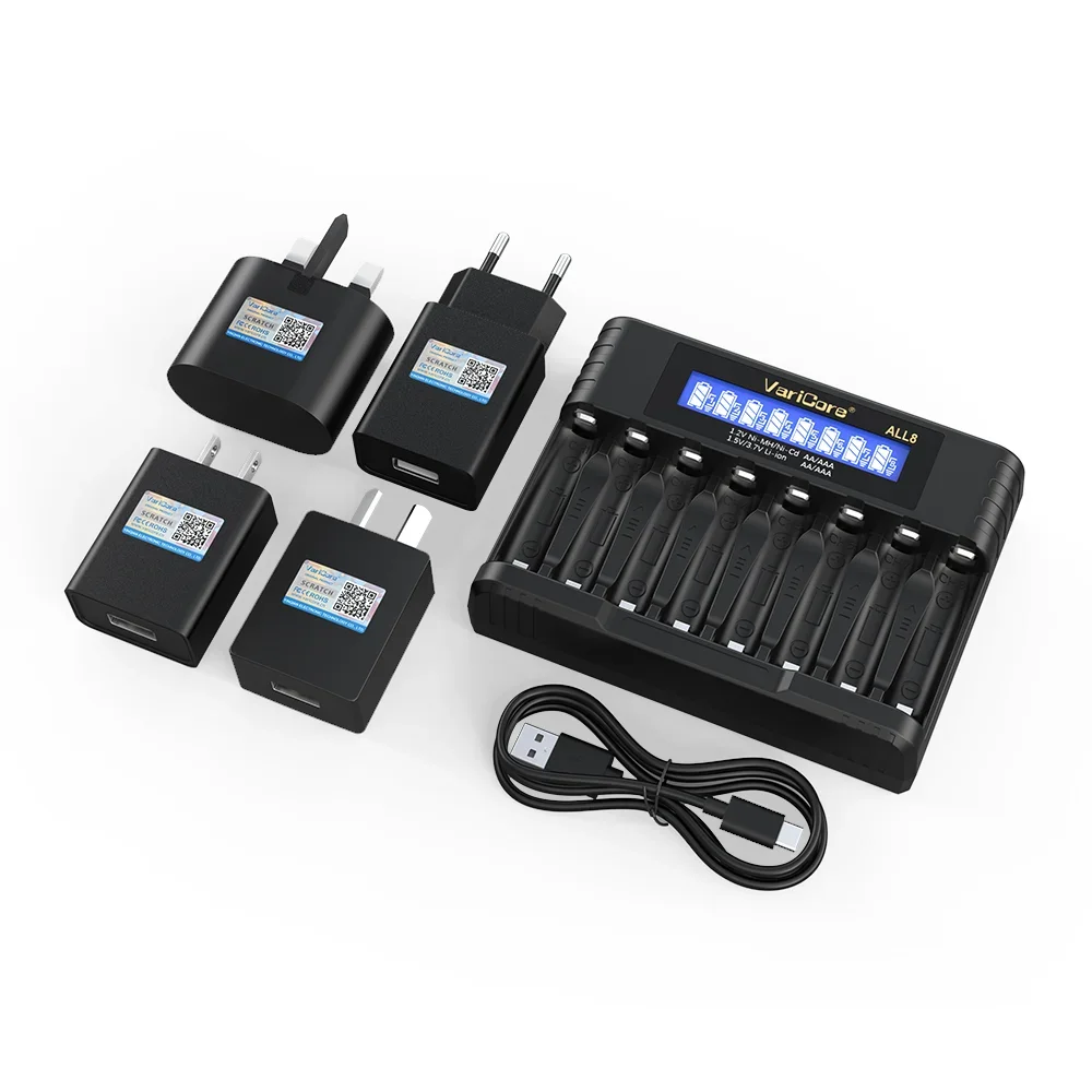 VariCore ALL8 8-Slot شاحن بطارية ذكي ل 1.2V Ni-MH Ni-Cd AA AAA 1.5V/ 3.7V ليثيوم 18650 26650 16340 18350