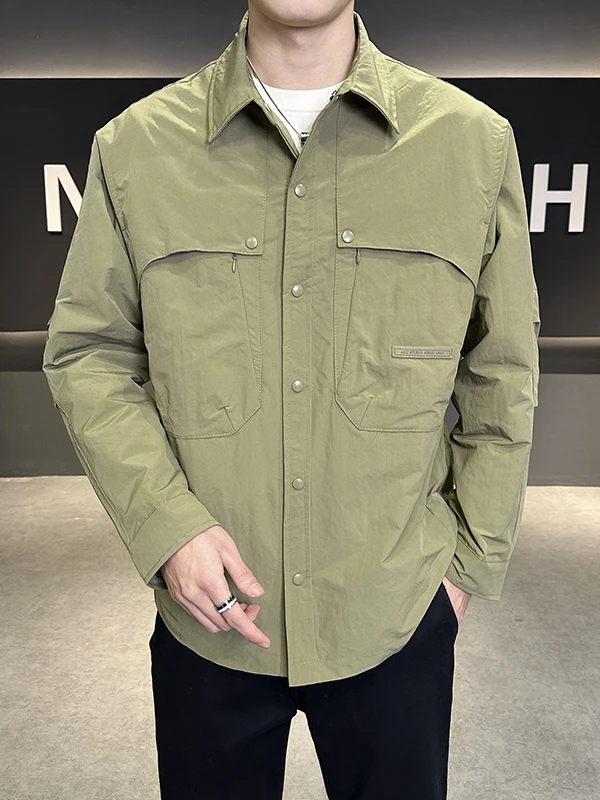 

Весенне-осенняя мужская приталенная куртка с воротником, повседневная легкая модная молодежная модная куртка из полиэфирного волокна, длинная молния, декор...
