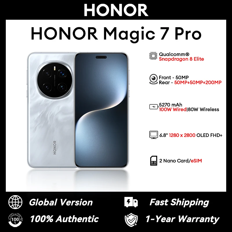 الإصدار العالمي Honor Magic 7 Pro Snapdragon ®   8 Elite 6.8 بوصة 1280 × 2800 OLED 50MP*3+200MP 100W 5850mAh NFC
