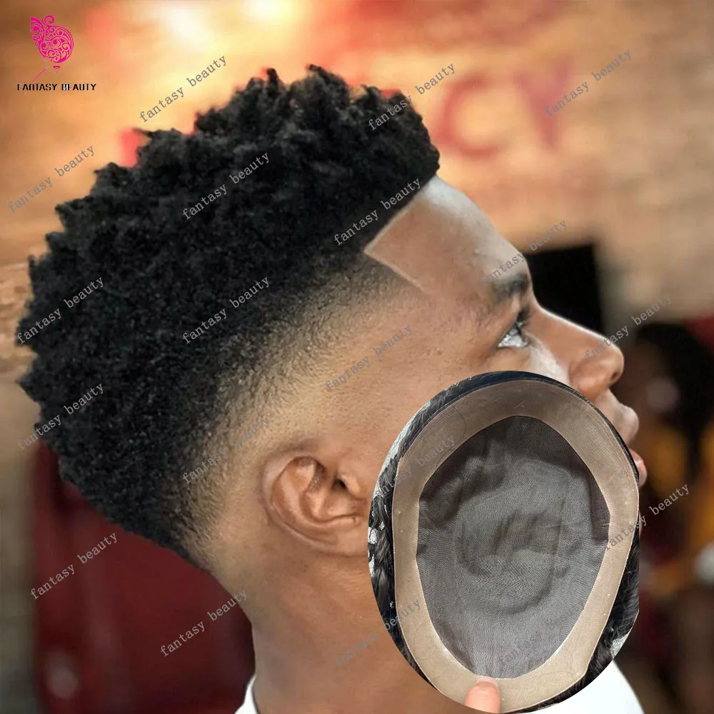 European Virgin HumanHair 6mm Curly Afro Hairstyle Hair System Durable Monofilament Mesh NPU African Curly Breathable Men Toupee