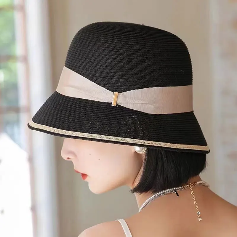 

New Vintage Handwoven Fisherman Bucket Sun Hats For Women Beach Hat Fashion Wide Brim French Elegant Fedora Hat