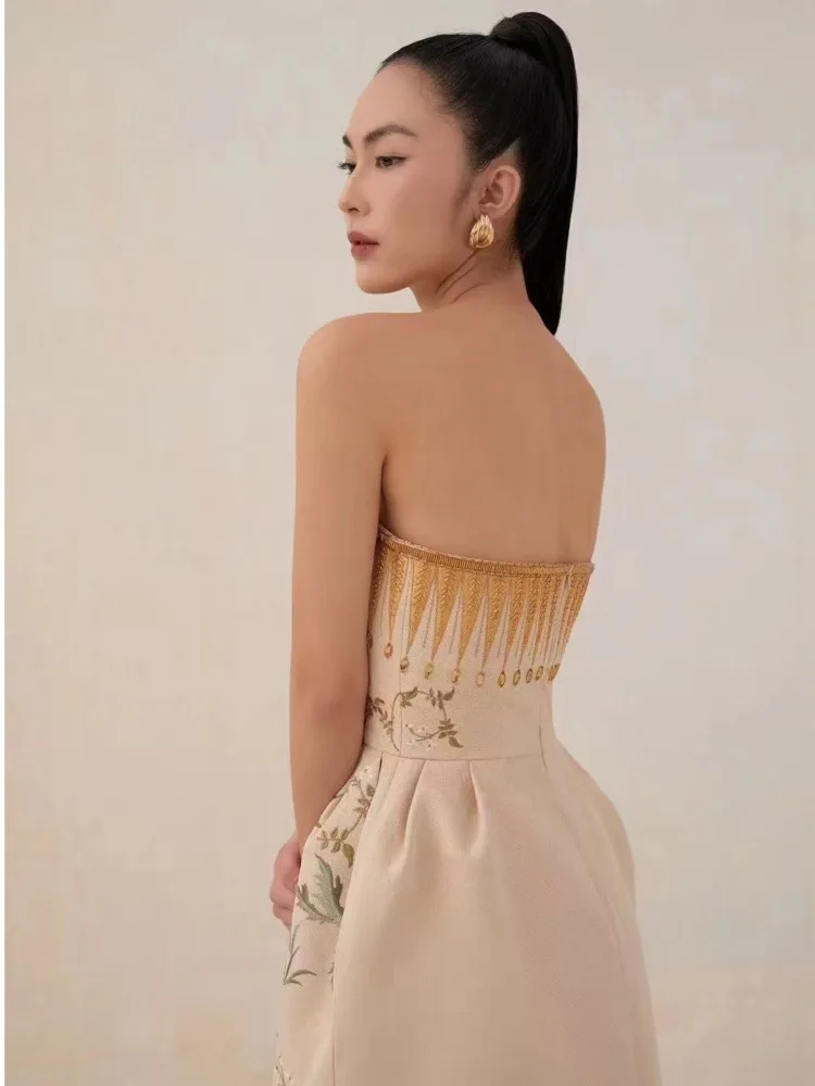 DEAT Women's Evening Dress Strapless Sleeveless High Waist Embroidery Backless Fashion Female Dresses Summer 2024 New 13DB2053