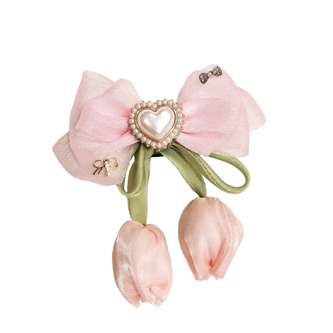 2Pieces, 4-inch Light Pink Simulated Pearl Ribbon Bow Brooch with Tulip Flower for Bag/Home Decoration,