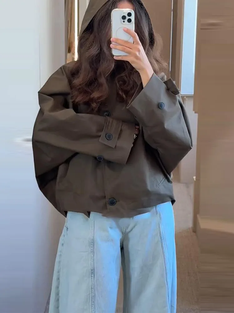 

Женские трекинговые пальто, однобортные однобортные пальто с капюшоном и карманами, короткая ветровка с длинными рукавами, женская осень 202, новая женская уличная одежда