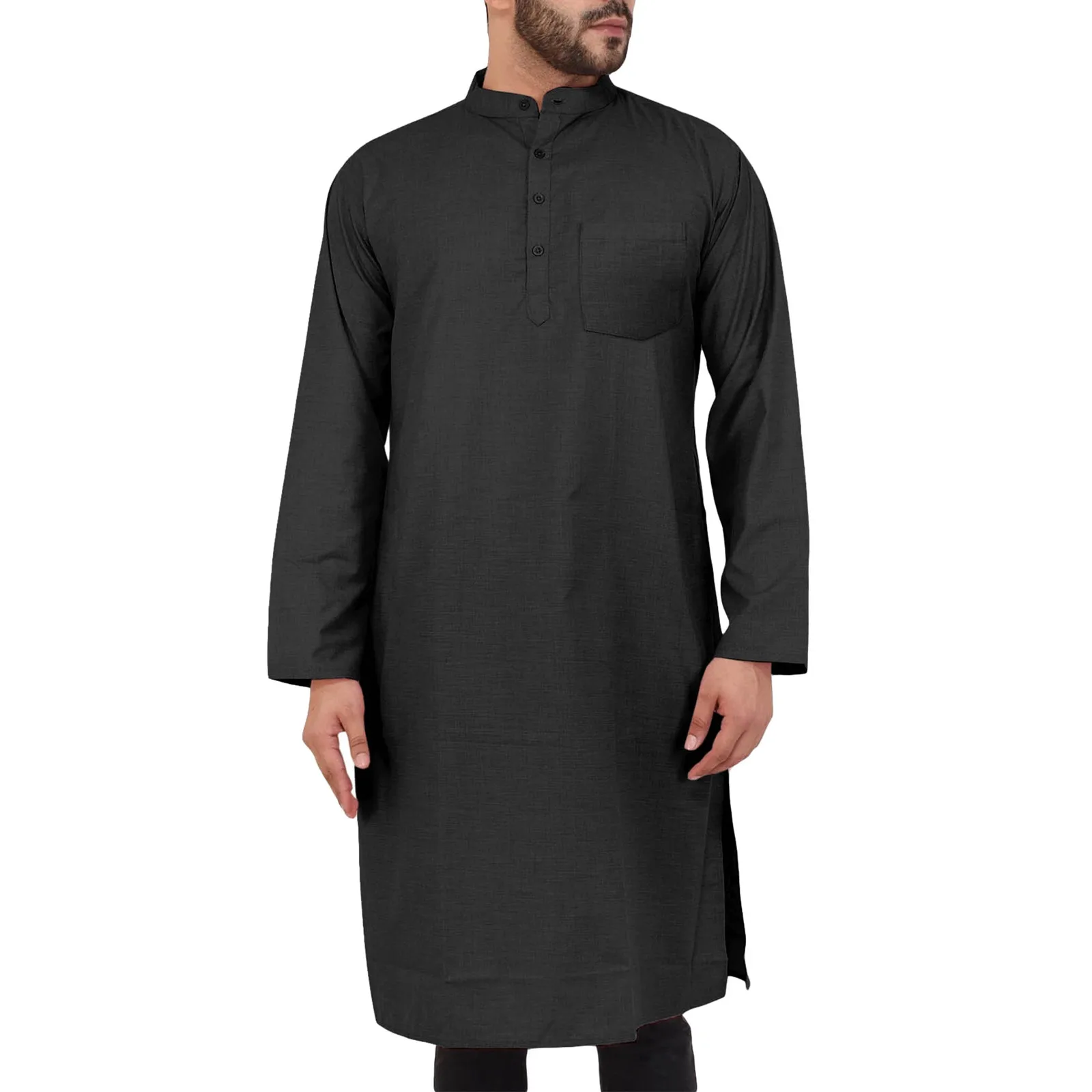 Robe musulmane décontractée à manches longues pour hommes, chemise musulmane, peignoir de poche monochrome, vêtements d'intérieur confortables, 2024