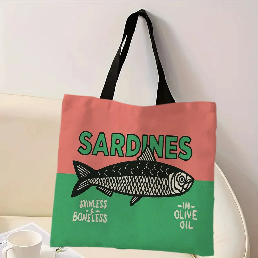 Bunte, trendige Sardinen-Druck-Freizeithandtasche, wiederverwendbarer modischer Rucksack, multifunktionale Einkaufstasche, Polyester-Einkaufstasche – Detail 23