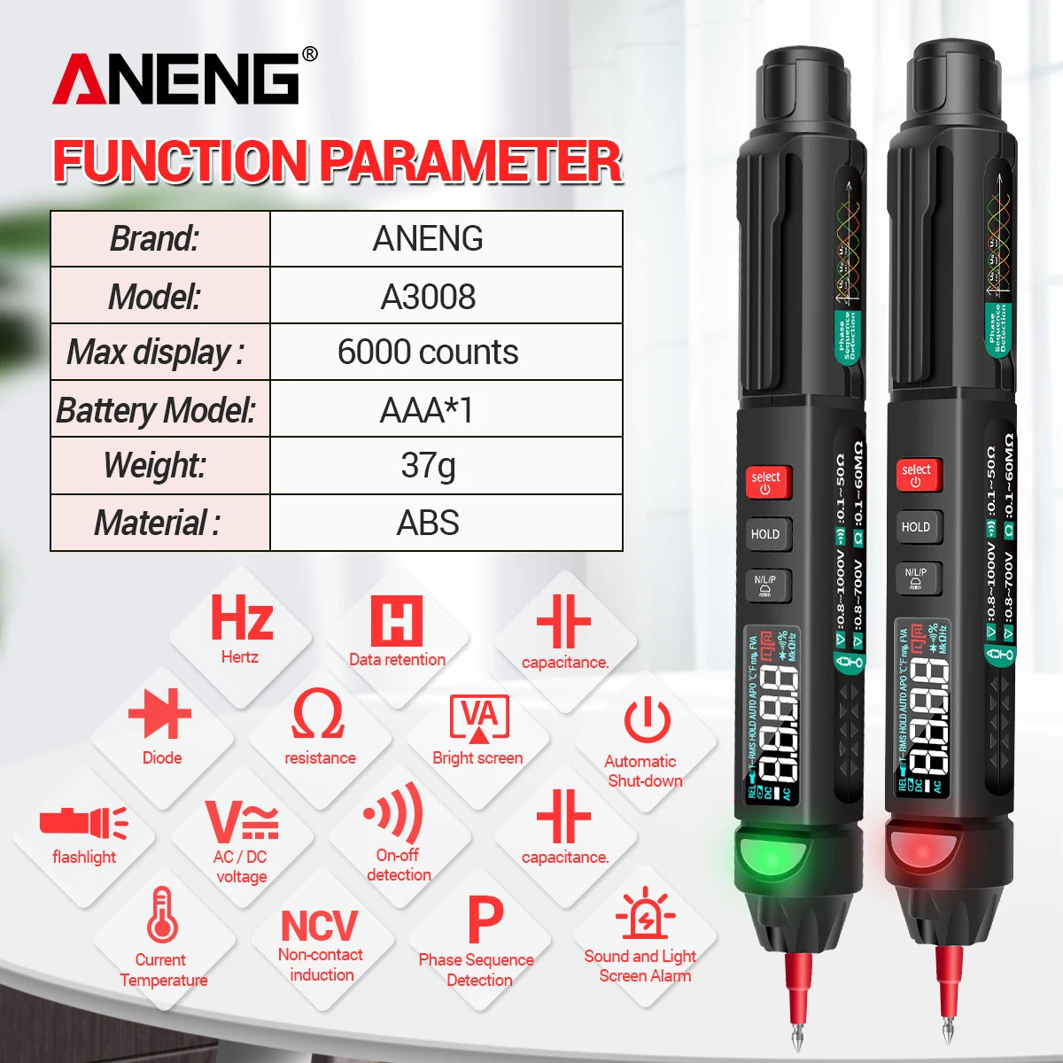 ANENG A3008 Non Contact Multimeter Digital Display Electric Pen Frequency Diode Multifunctional Professional Tester