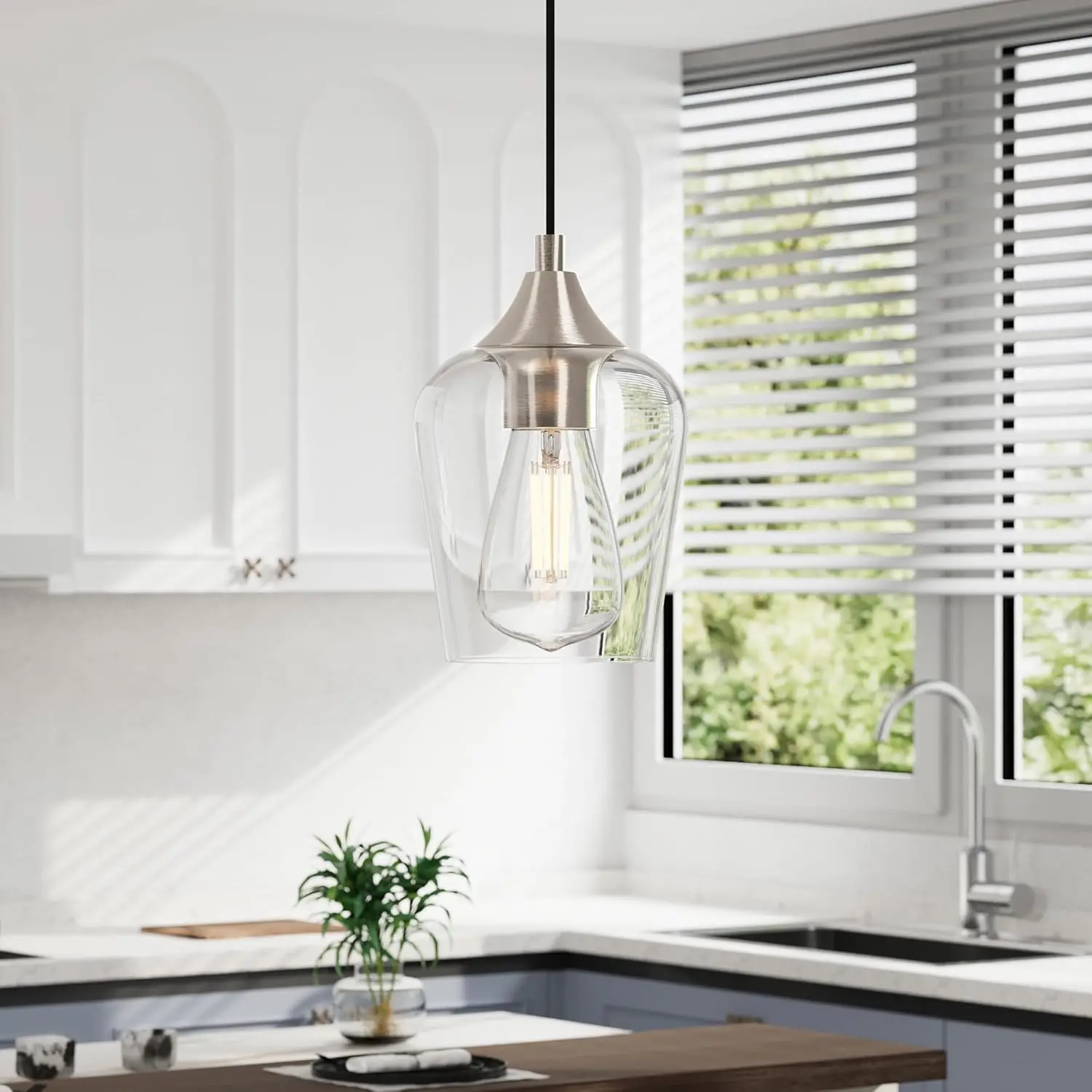 

Pendant Lights Kitchen Island, Brushed Nickel Pendant Light Fixtures with E26 Base & Adjustable Cable, Modern Pendant Lighting