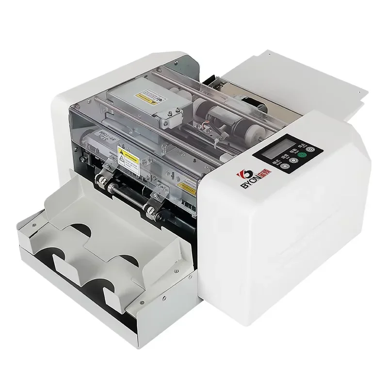 

QK-A4-F Automatic Card Cutter for Name Cards & Badges with Friction Feed System and Lift-Cover Safety Stop.