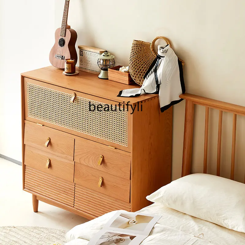 zq Retro Cherrywood Chest of Drawers TV Bench for Bedroom next to Rattan Japanese 7-Drawer Cabinet Solid Wood