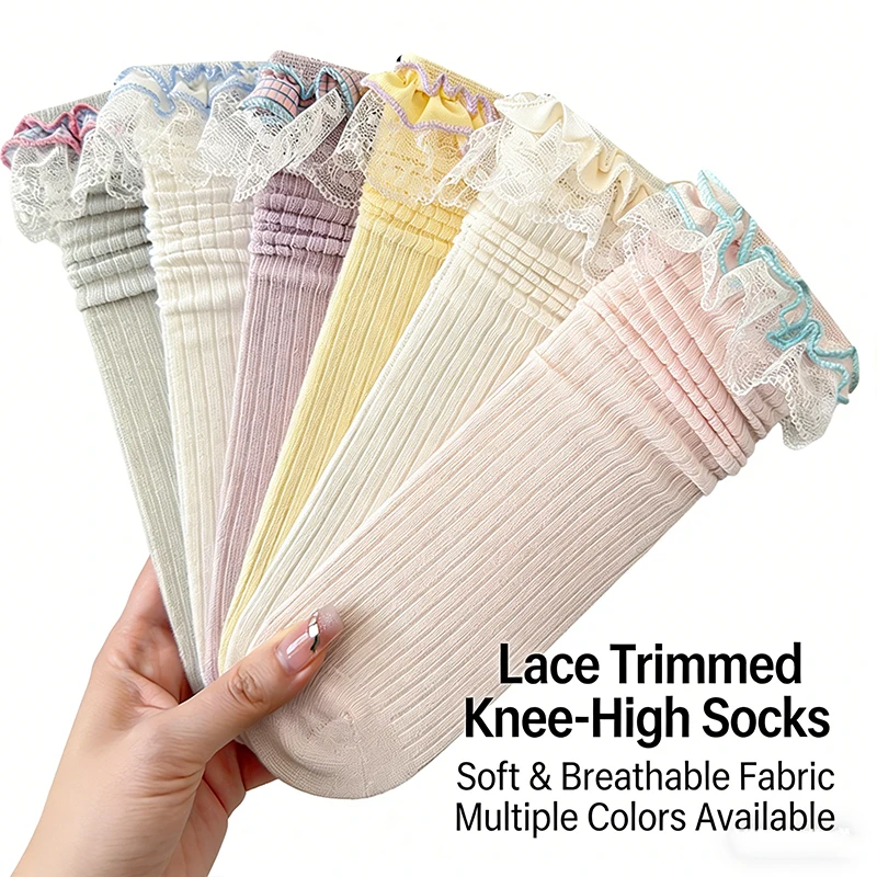 3 Pairs Toddler Girls Socks Lace Ruffle Knee High Socks Kids Ribbed Cute Princess Socks Children Spring Socks For Girls