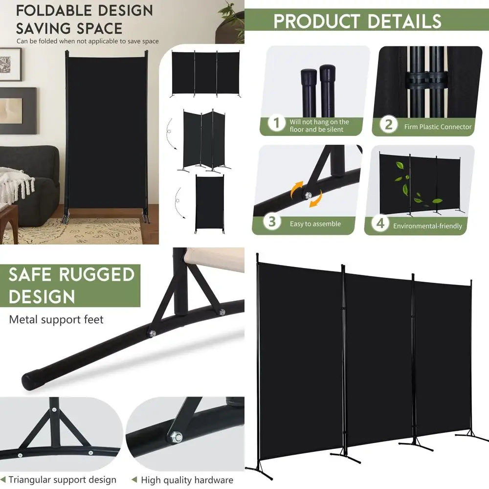 

6-футовый складной перегородка темно-черного цвета с 3 панелями и металлическим каркасом для конфиденциальности дома и офиса