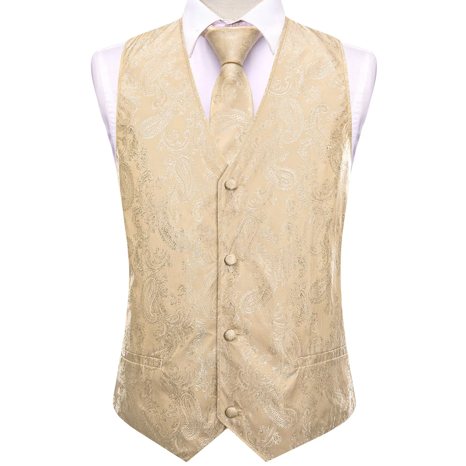 Hi-Tie Paisley Champagne Silk Mens Suit Vests 4PC Woven Waistcoat Tie Pocket Square Cufflink Business Wedding Dress Waist Jacket