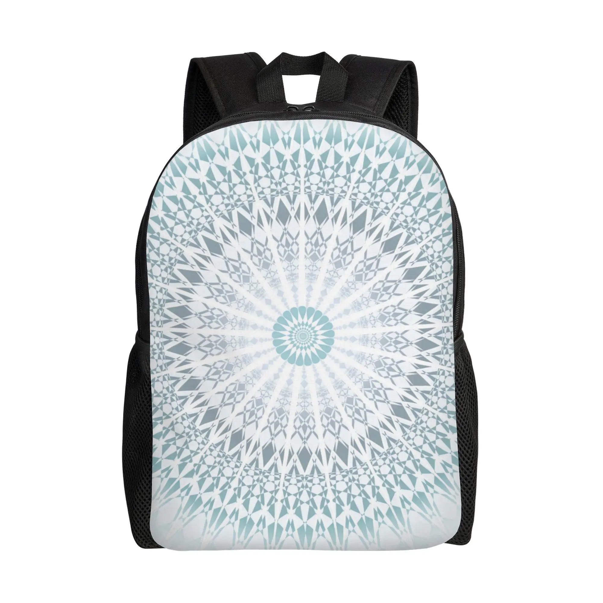 

The turquoise geometric mandala unisex lightweight backpack features a single pocket design that is easy to match
