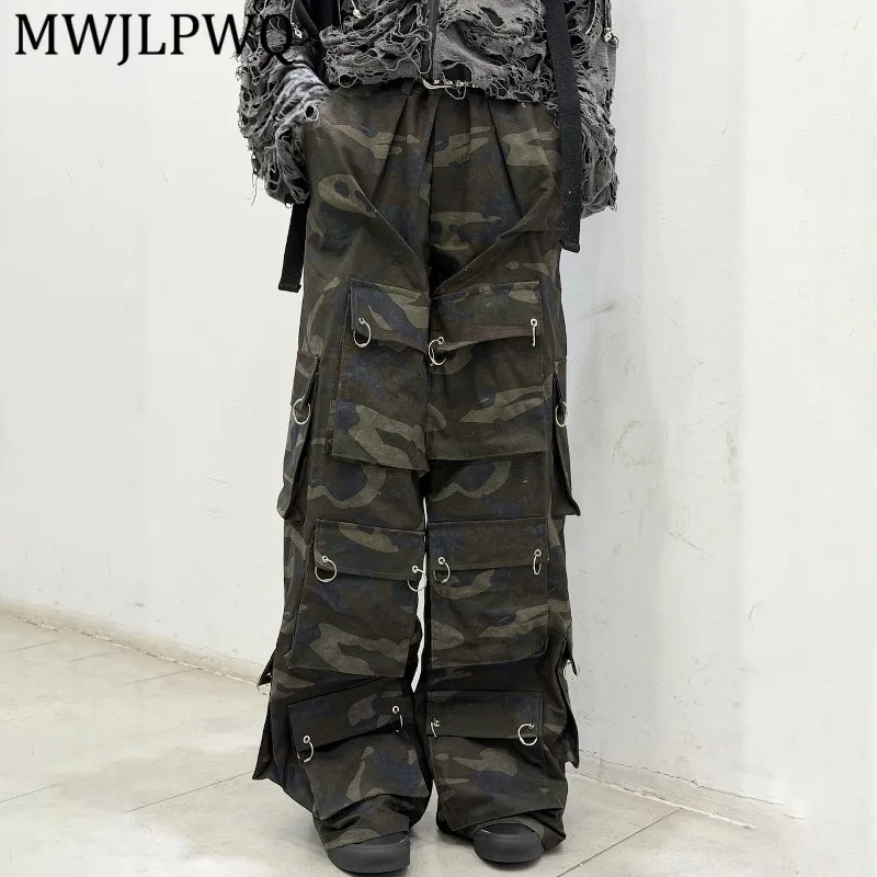 

MWJLPWQ American Style Workwear Camouflage Trousers For Men Metal Rings Design Loose Fit Multi-Pocket Loose Casual Pants 16716