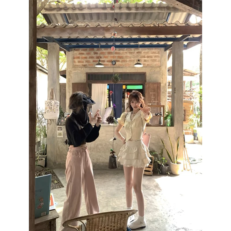 MEXZT Kawaii Cropped เสื้อสีชมพูผู้หญิงญี่ปุ่นน่ารักลูกไม้ Patchwork เสื้อฤดูร้อน Y2K พัฟแขนสั้น Slim Design Tops ใหม่