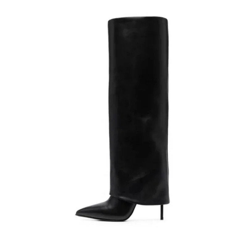 

Arden Furtado 2024Pointed Toe High Heel Knee High Boots Black White Slip-on Turned-over Edge Boots For Women Knee High Wide Calf