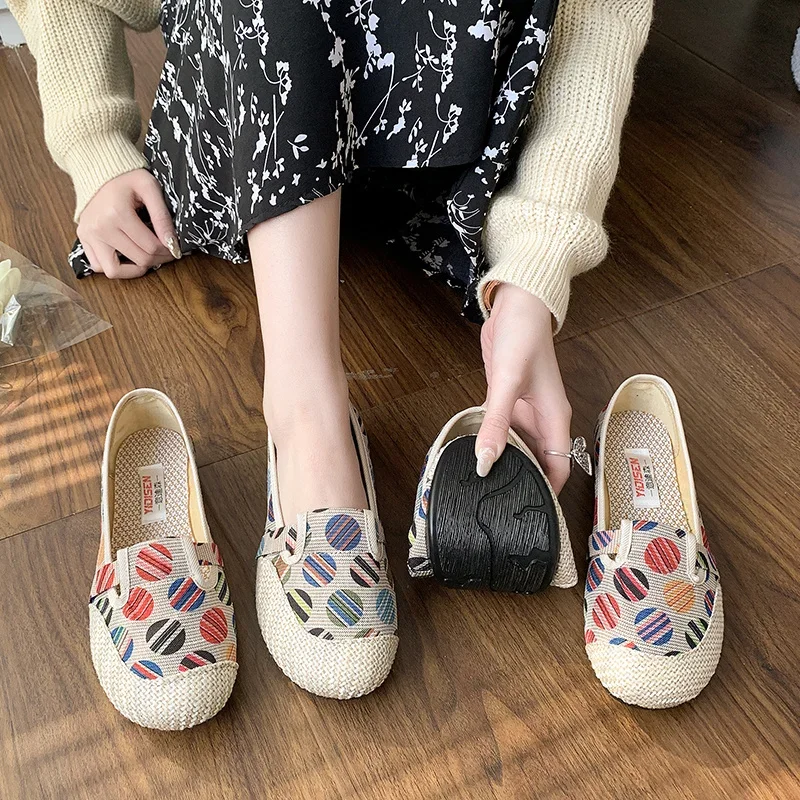 Casual Women Comfort Bohemian Lazy Shoes Female Slip on Flat Shoes Canvas Strap Straw Espadrilles Loafers