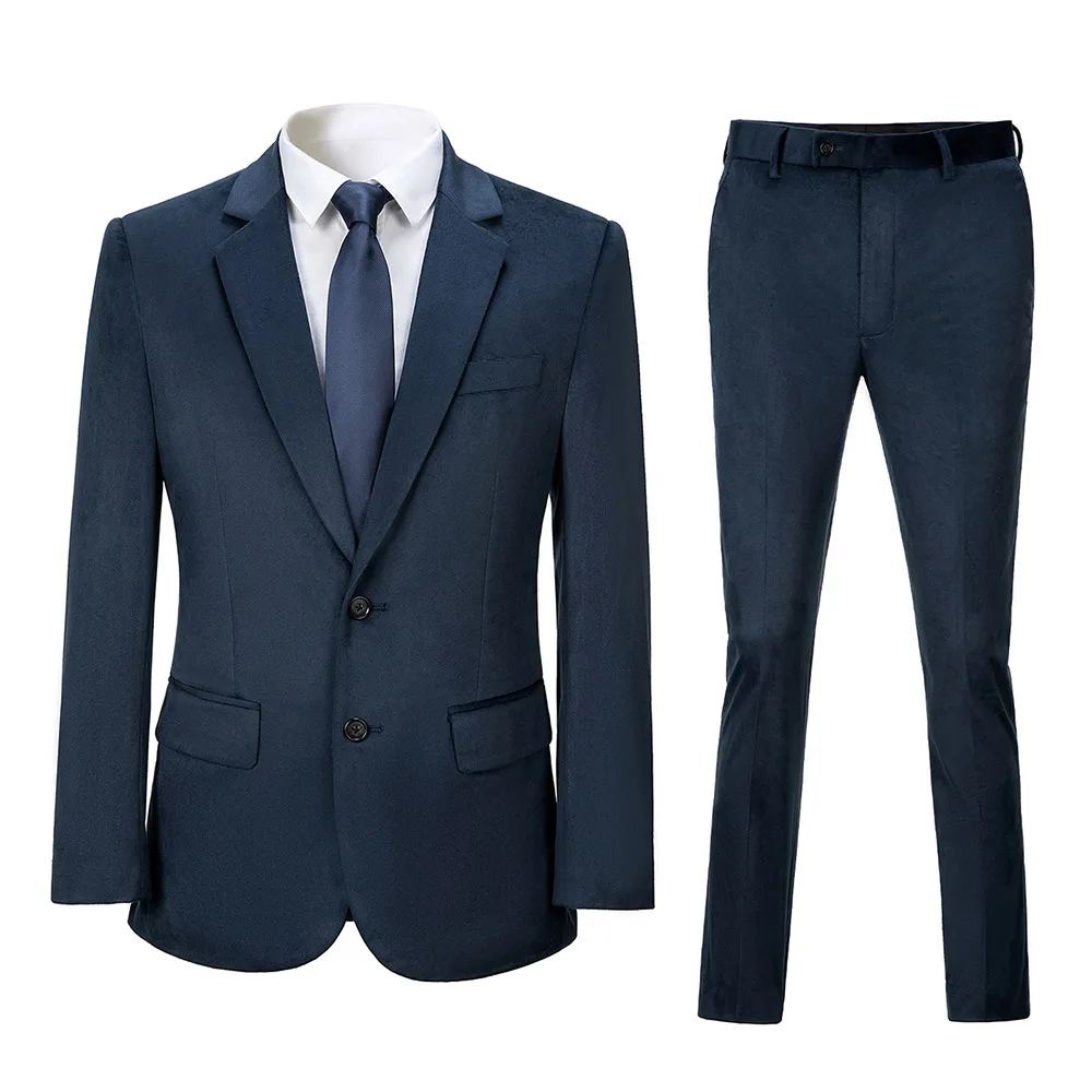 Men's Velvet 2 Piece Suit Two Button Slim Fit Tuxedo Blazer Party Dinner Jacket & Pants