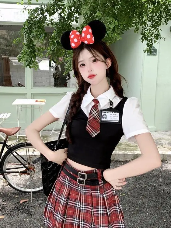 

plus Size College Style Uniform Set Slimming Waist Short Skirt Spicy Girl Summer Fashion Set High Waist Plaid Short Sleeve