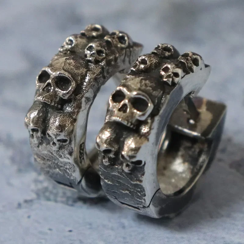 8g Hiphop Relief Skull Street Fashion Ring  Customized 925 Solid Sterling Silver Earrings Punk