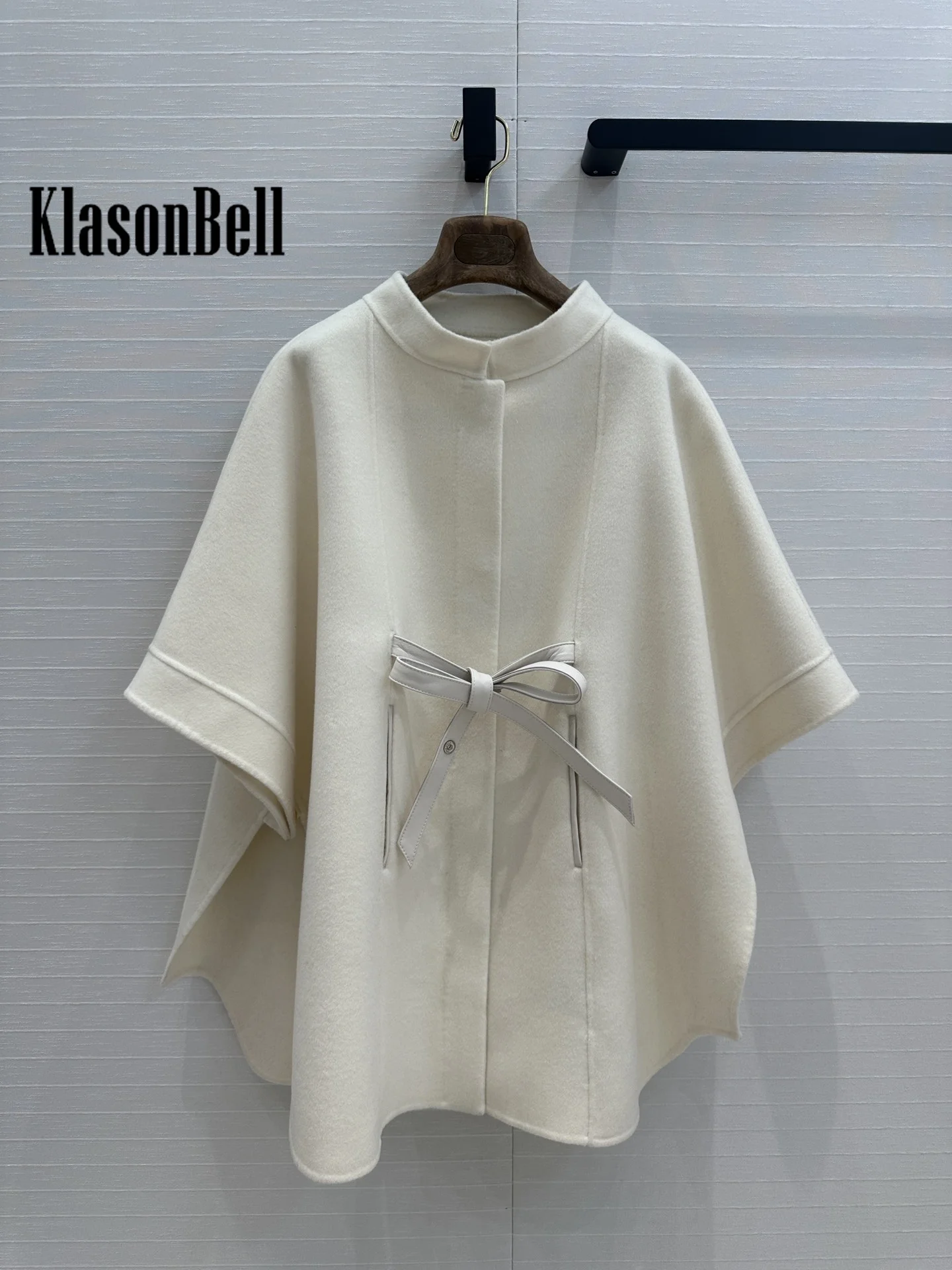 9.18 KlasonBell Women Genuine Leather Sashes Cashmere Capes Coat Covered Button Half Sleeve Loose Double-Sided Wool Coat