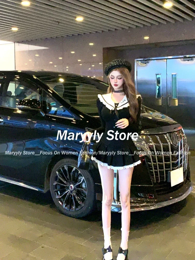 2024 Autumn Preppy Style Sweet Knitted Outfits 2 Piece Set Women Elegant Slim Y2k Crop Tops + High Waist Mini Pleated Skirt New
