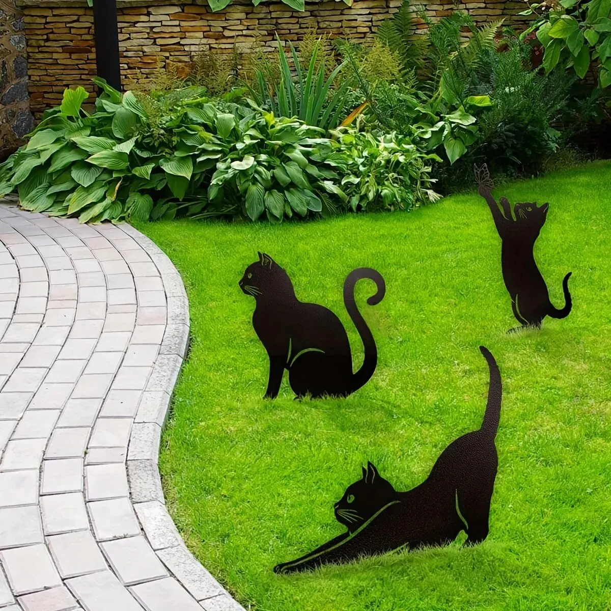 Metal Cat Garden Decor,Black Cat Silhouette Yard Lawn Outdoor Decorations, Weather Resistance Steel Cat Decor for Cat Lovers