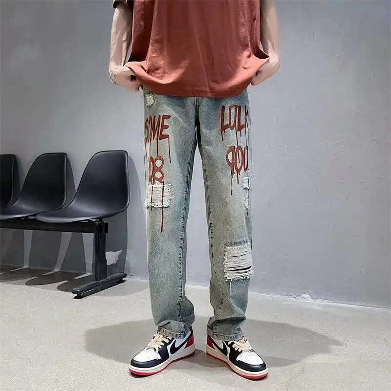 OOTDstudio American High Street Ripped Jeans Straight Leg Ins Trendy Casual Loose Trousers for Men and Women