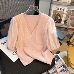 Summer Sweater V Neck Korean Fashion Style Lace Patch Knitted Cardigan Solid Color Chic Vintage Short Sleeve Knitwear