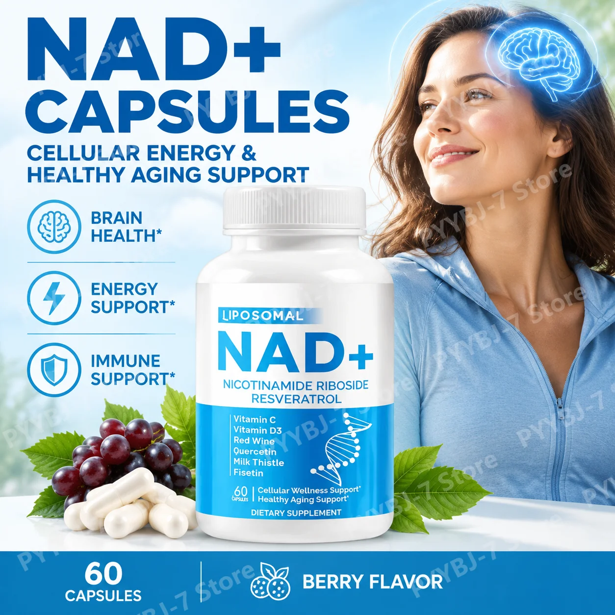 Liposomal NAD+ Capsules with Nicotinamide Riboside Trans-Resveratrol High Absorption Cellular Energy Healthy Aging Support 60 Ct