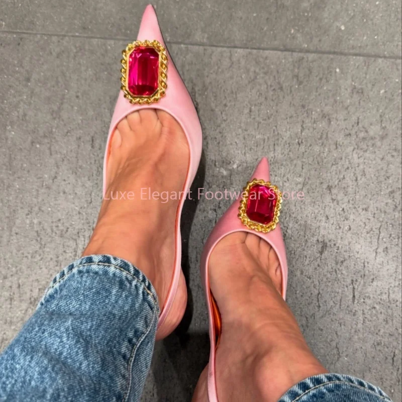 

Pink Satin Gemstone Pointed Toe Slingback Sandals Women Crystal Buckle Strap Shallow High Heels Luxury Fashion Party Dress Shoes