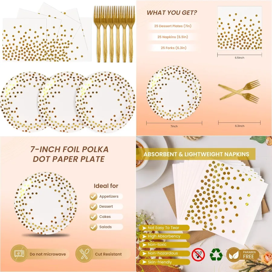 

75 шт., одноразовый набор посуды для вечеринок в белый и золотой горошек с бумажными тарелками, салфетками и вилками для торжеств по случаю дня рождения, 2025 Gra